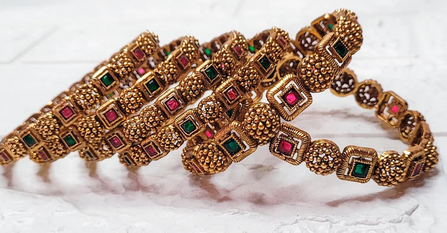Antique Gold Bangles with Ruby & Emerald-Toned Stones(2.6) - Image 3