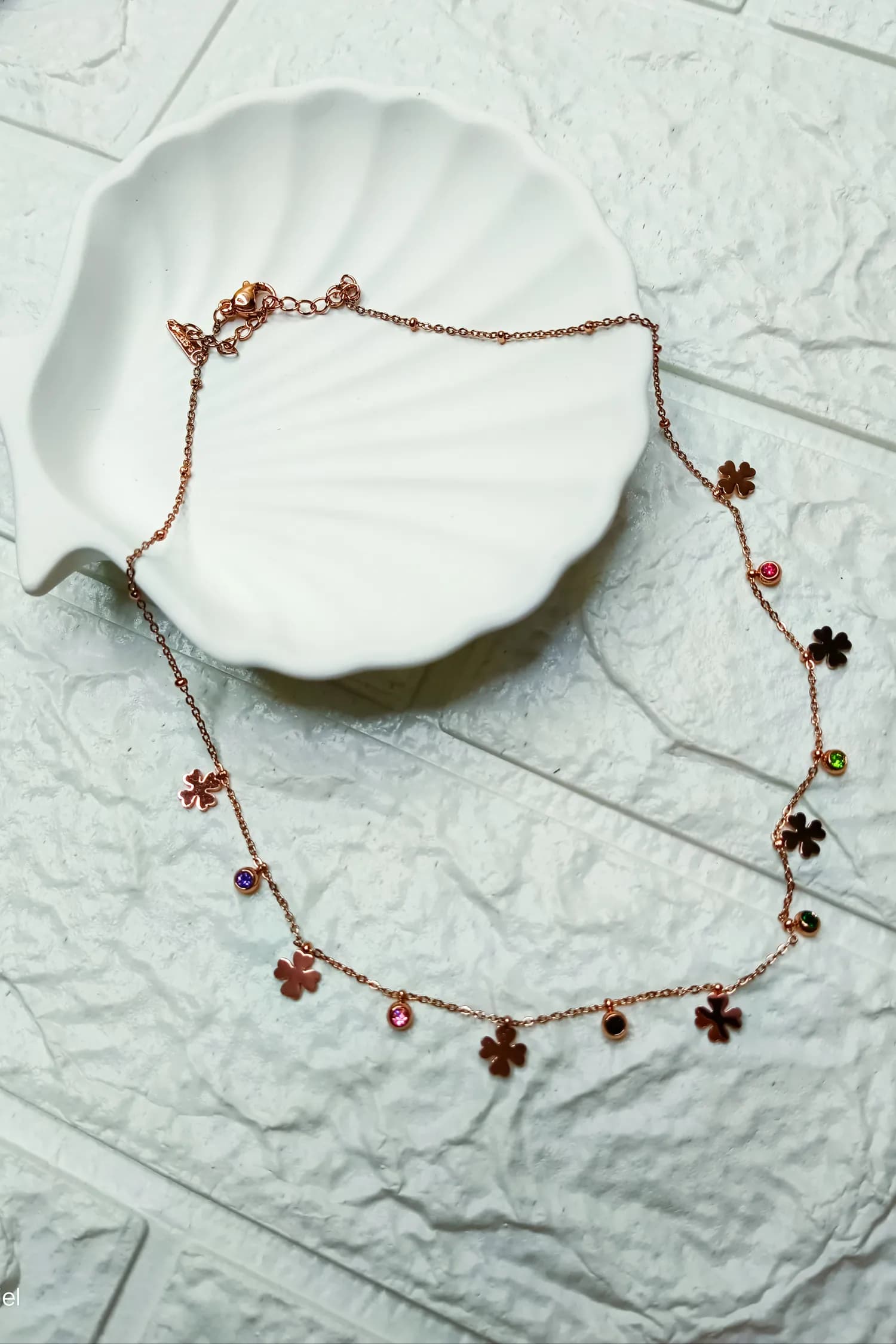 Rose Gold Clover Dangle Necklace with Multi-Color Stone Accents - Image 1