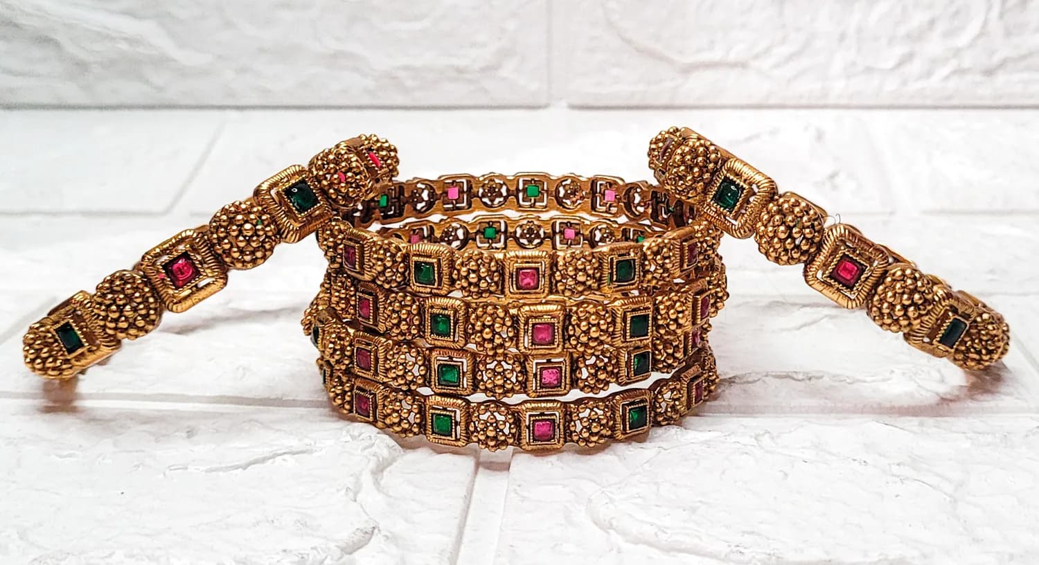 Antique Gold Bangles with Ruby & Emerald-Toned Stones(2.6) - Image 2