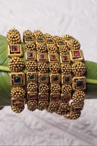 Antique Gold Bangles with Ruby & Emerald-Toned Stones(2.6)