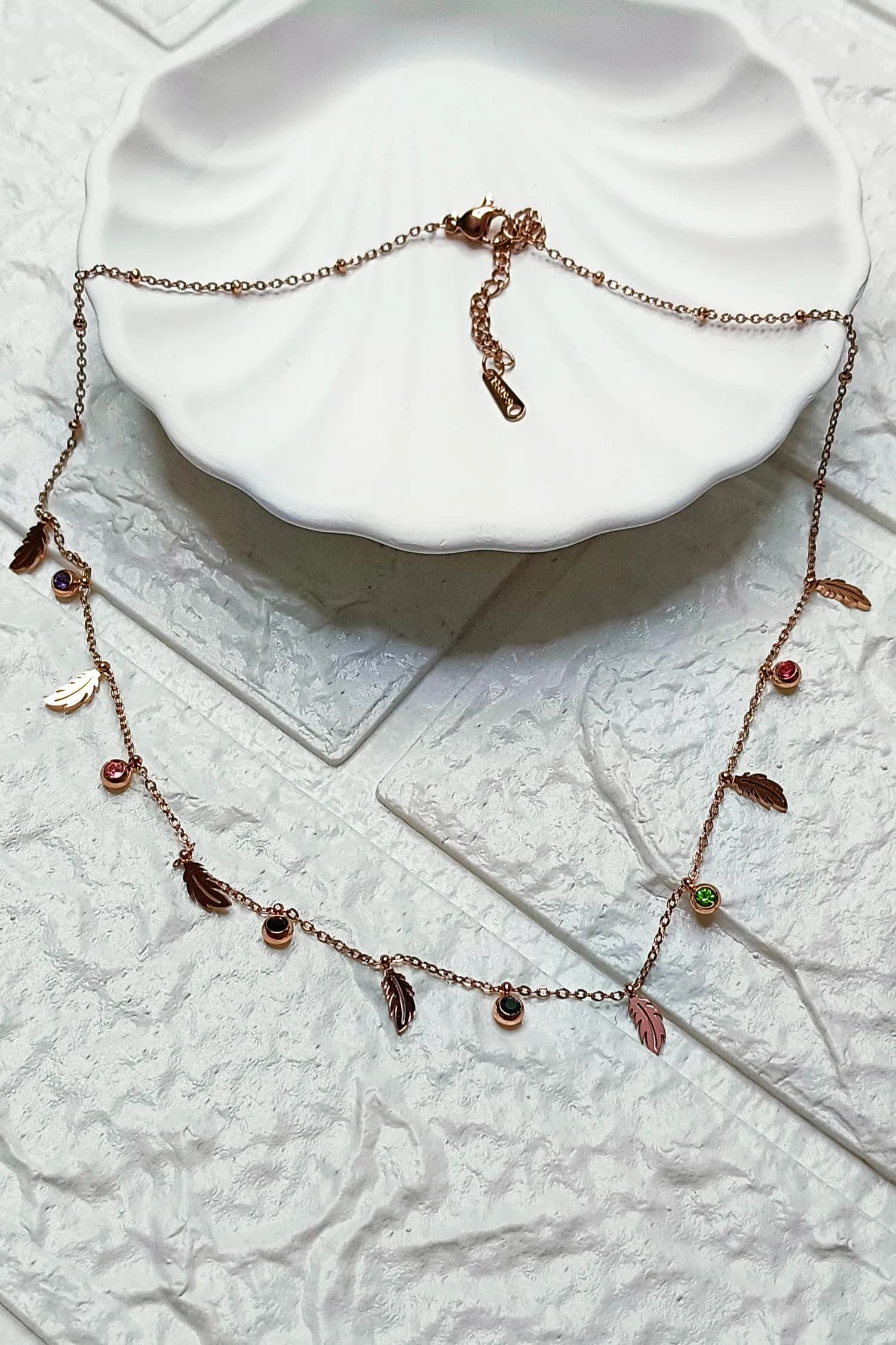Rose Gold Feather & Gemstone Charm Necklace - Image 1