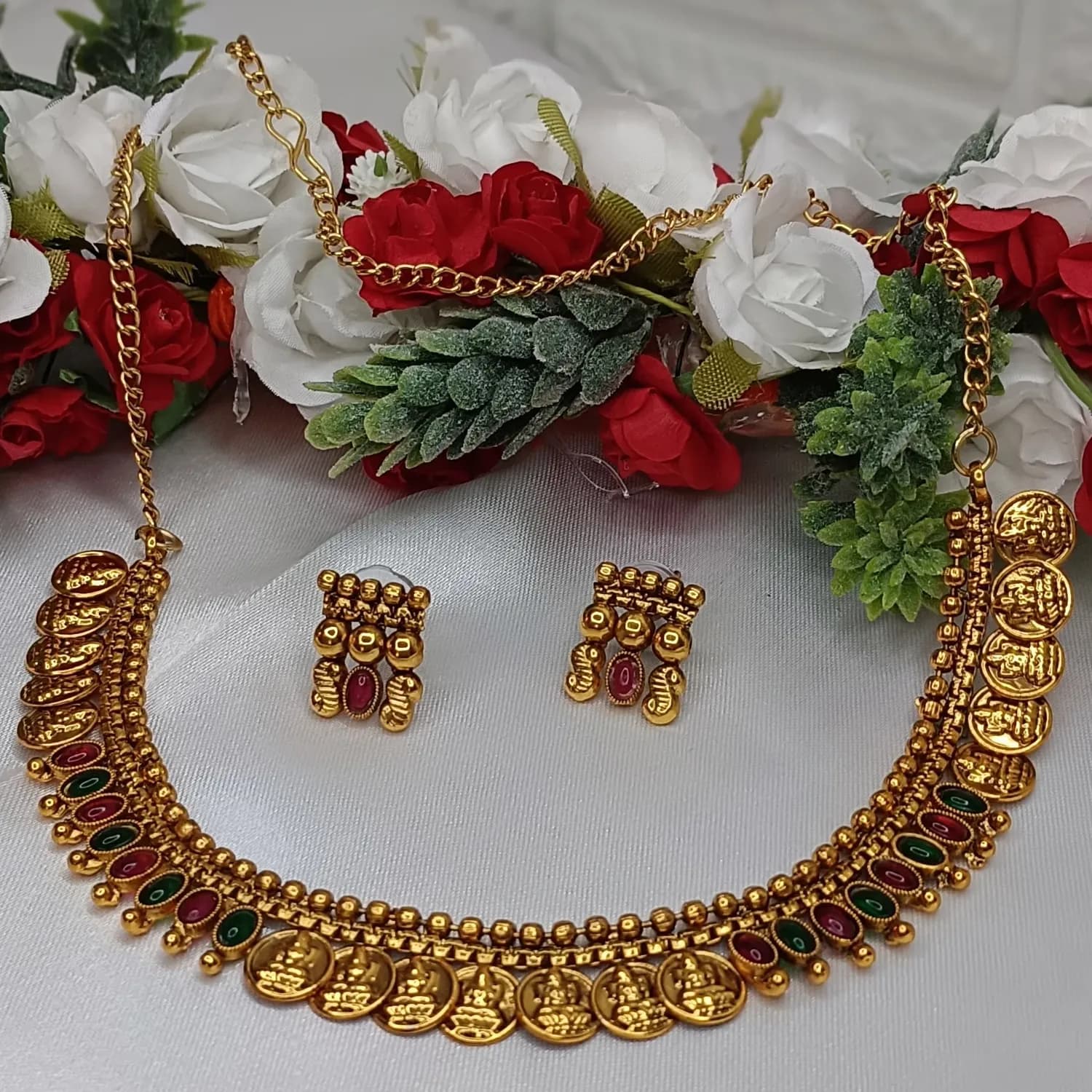 Coin Necklace with Red and Green Stones - Image 1