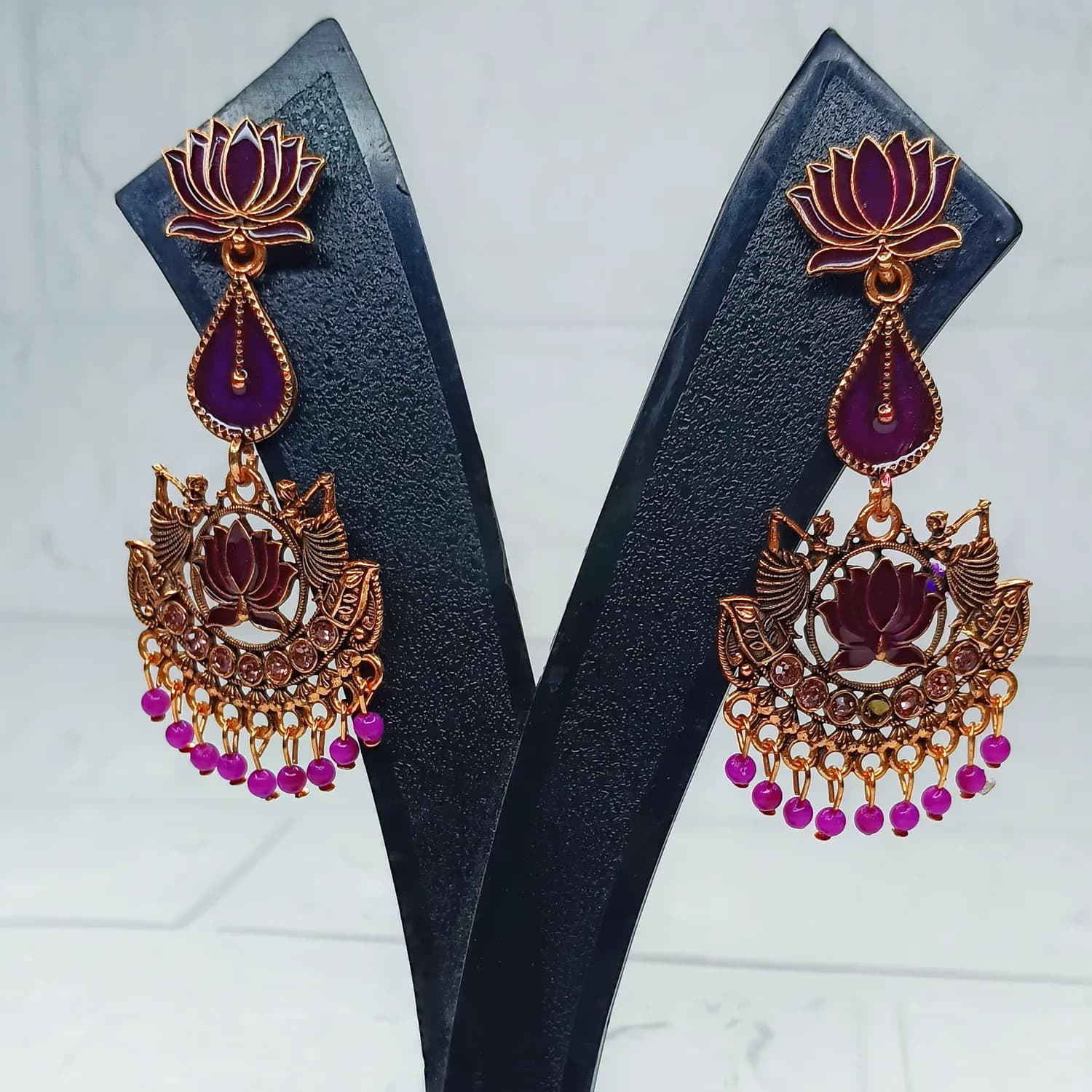 Statement Green Lotus Earrings with dancing girls - Image 1