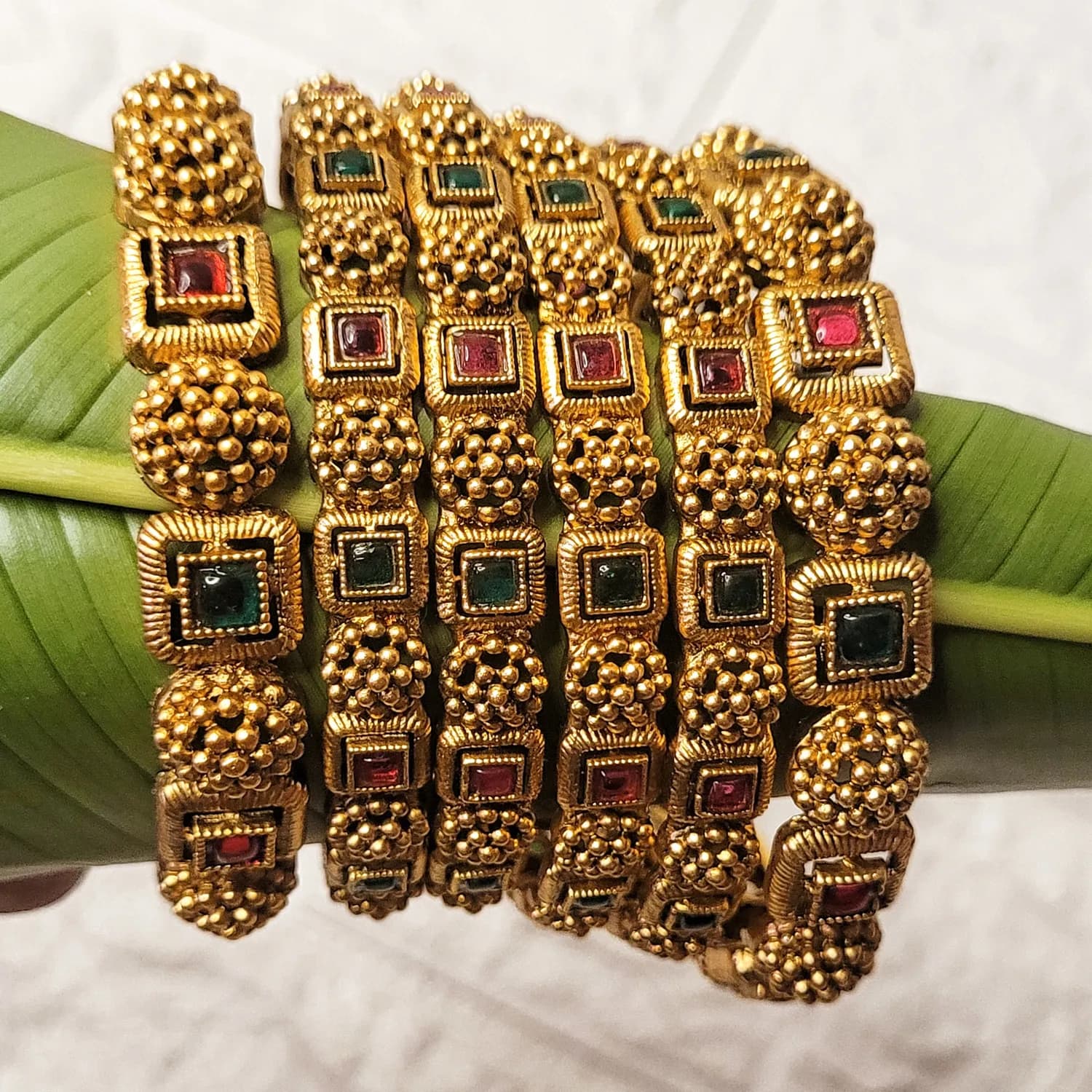 Antique Gold Bangles with Ruby & Emerald-Toned Stones(2.8)