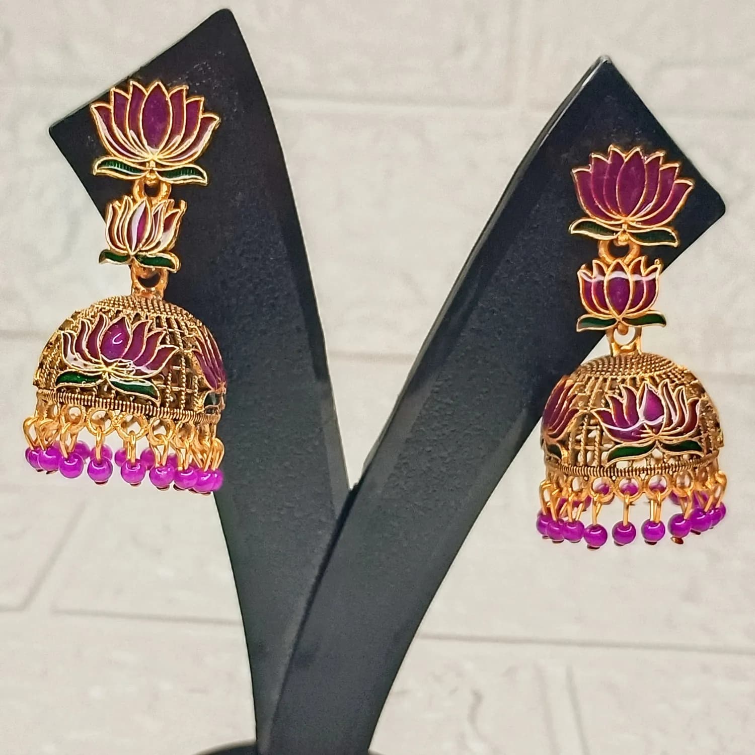 Double Lotus Motif with Engraved Jhumka - Image 1